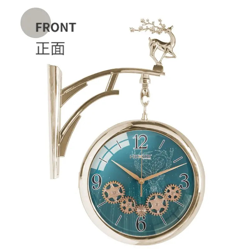 Nordic Luxury Double-Sided Wall Clock with Silent Movement, Deer Head Accent, and Decorative Gears – Elegant Scandinavian Style for Living Room & Dining Room Tanest