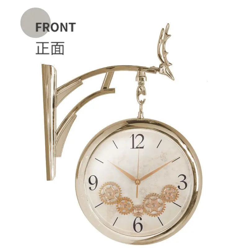 Nordic Luxury Double-Sided Wall Clock with Silent Movement, Deer Head Accent, and Decorative Gears – Elegant Scandinavian Style for Living Room & Dining Room Tanest