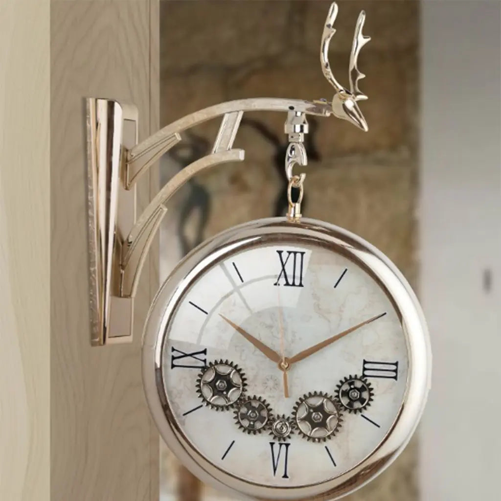 Nordic Luxury Double-Sided Wall Clock with Silent Movement, Deer Head Accent, and Decorative Gears – Elegant Scandinavian Style for Living Room & Dining Room Tanest