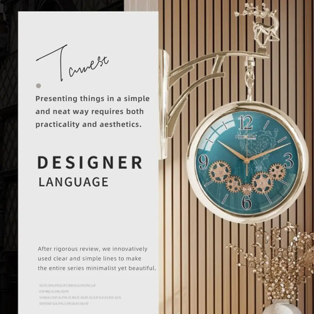 Nordic Luxury Double-Sided Wall Clock with Silent Movement, Deer Head Accent, and Decorative Gears – Elegant Scandinavian Style for Living Room & Dining Room Tanest