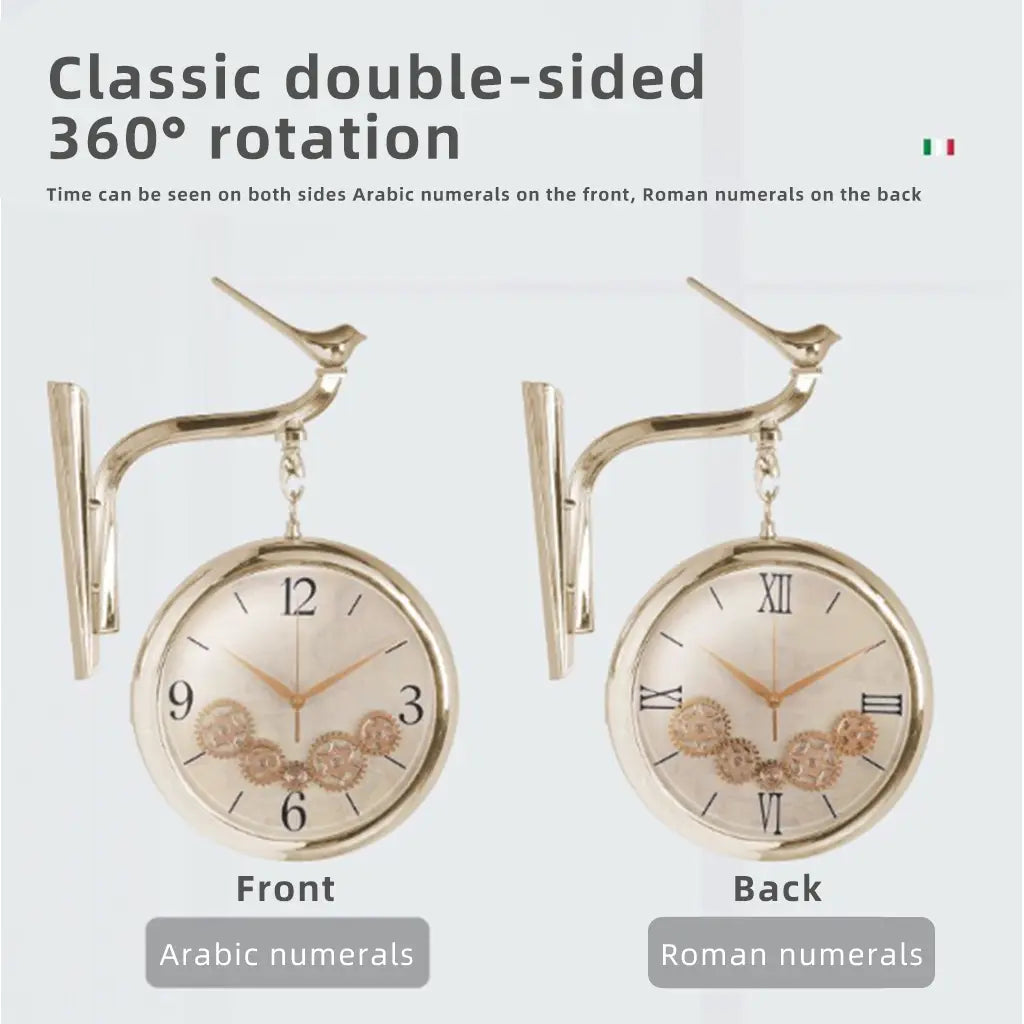 Nordic Luxury Double-Sided Wall Clock with Silent Movement, Deer Head Accent, and Decorative Gears – Elegant Scandinavian Style for Living Room & Dining Room Tanest