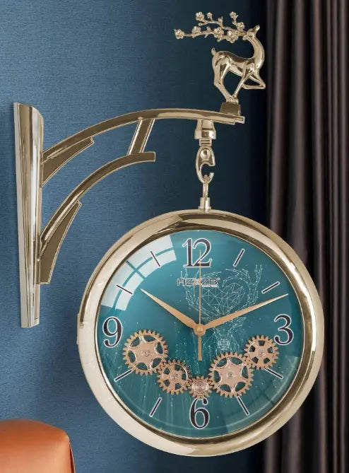 Nordic Luxury Double-Sided Wall Clock with Silent Movement, Deer Head Accent, and Decorative Gears – Elegant Scandinavian Style for Living Room & Dining Room Tanest